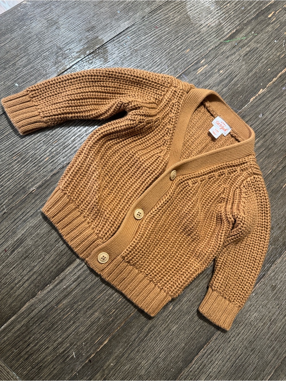 Cat & Jack Chunky Knit Button Cardigan Sweater Camel Brown 3-6m